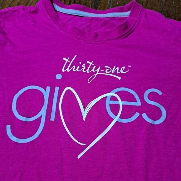 Small Thirty One Gives Short Sleeve Pink White Grey Pullover Tee Tshirt Top - Picture 2 of 3